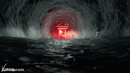 A Drawing Of A Tunnel With A Red Light At The End And The Letters V On The Bottom Right GIF