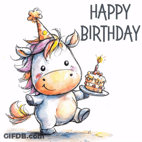 A Drawing Of A Unicorn Holding A Birthday Cake GIF