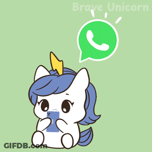 A Drawing Of A Unicorn Holding A Cell Phone With A Whatsapp Icon Above It GIF