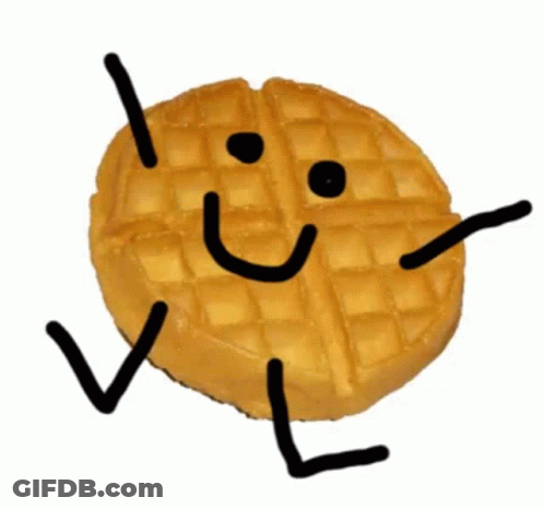 A Drawing Of A Waffle With Arms And Legs And A Face Drawn On It . GIF