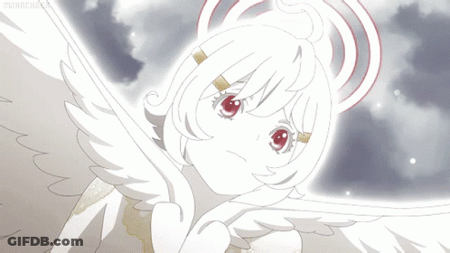 A Drawing Of A White Angel With Red Eyes And A Halo On Her Head GIF