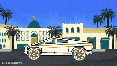 A Drawing Of A White Car In Front Of A Building GIF