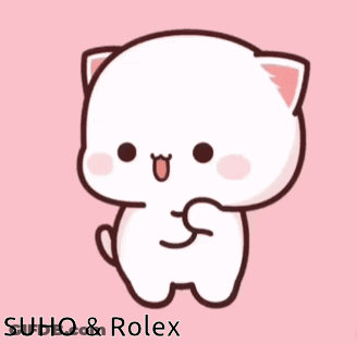 A Drawing Of A White Cat On A Pink Background With The Words Suho & Rolex On The Bottom GIF