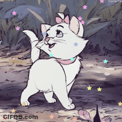 A Drawing Of A White Cat With A Pink Bow On Her Head GIF
