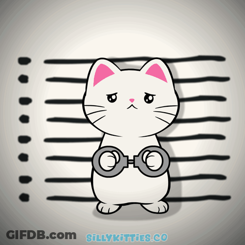 A Drawing Of A White Cat With Handcuffs And The Words Sillykitties.co Below It GIF