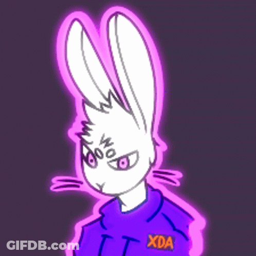 A Drawing Of A White Rabbit Wearing A Purple Hoodie With The Word Xda On It GIF