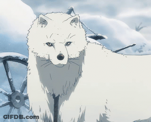 A Drawing Of A White Wolf Standing In Front Of A Wagon Wheel GIF