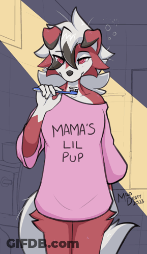 A Drawing Of A Wolf Brushing Her Teeth With A Shirt That Says Mama 'S Lil Pup GIF