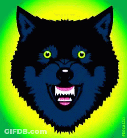 A Drawing Of A Wolf 'S Head With Green Eyes GIF