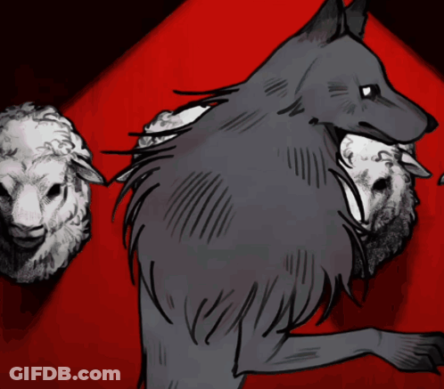 A Drawing Of A Wolf With Two Sheep Behind It GIF