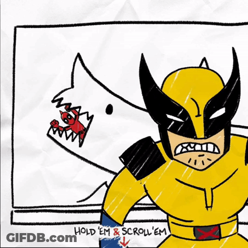 A Drawing Of A Wolverine Holding A Cat In His Hand GIF