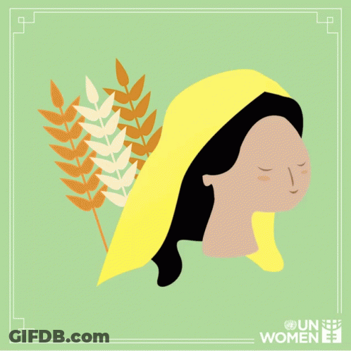 A Drawing Of A Woman Holding A Bowl Of Flowers With The Words " Un Women " Below It GIF
