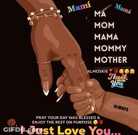 A Drawing Of A Woman Holding A Child 'S Hand With The Words " Pray Your Day Was Blessed & Enjoy The Rest On Purpose " GIF