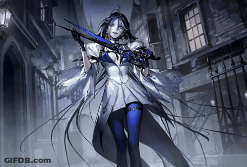 A Drawing Of A Woman Holding A Sword With A Blue Blade GIF