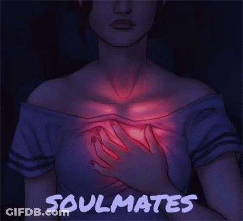 A Drawing Of A Woman Holding Her Chest With The Words Soulmates Written On The Bottom GIF