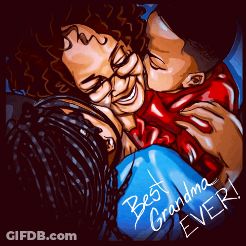 A Drawing Of A Woman Hugging Two Children With The Words Best Grandma Ever GIF