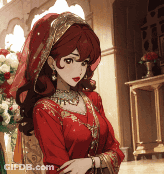 A Drawing Of A Woman In A Red Dress And Veil GIF