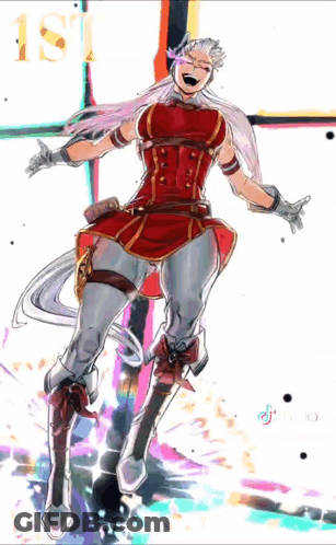A Drawing Of A Woman In A Red Dress With The Number 1St On The Bottom Right GIF