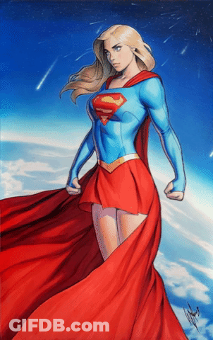 A Drawing Of A Woman In A Superman Costume With A Red Cape GIF