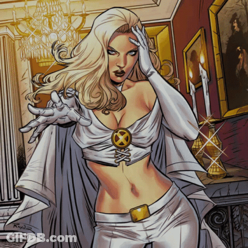 A Drawing Of A Woman In A White Cape With A Gold X On Her Chest GIF