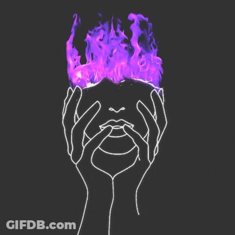 A Drawing Of A Woman 'S Face With Purple Flames Coming Out Of Her Head GIF