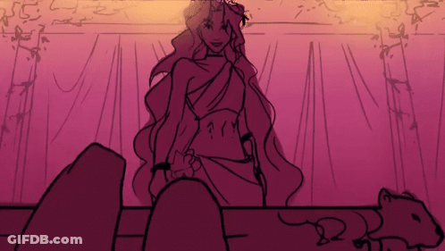 A Drawing Of A Woman Sitting On A Rock With A Lion Behind Her GIF
