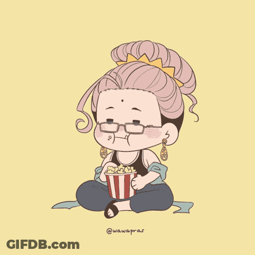 A Drawing Of A Woman Sitting On The Floor Eating Popcorn With The Watermark Wawapras GIF