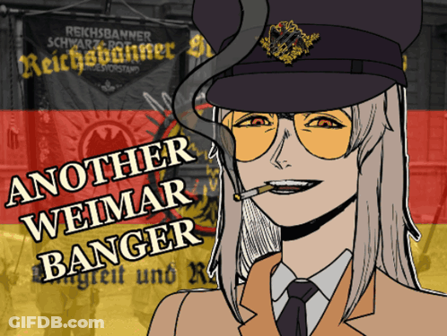 A Drawing Of A Woman Smoking A Cigarette With The Words Another Weimar Banger Written On The Bottom GIF
