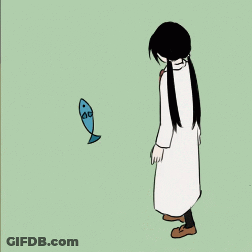 A Drawing Of A Woman Standing Next To A Small Blue Fish GIF