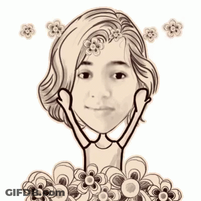 A Drawing Of A Woman Surrounded By Flowers With Her Hands Up . GIF