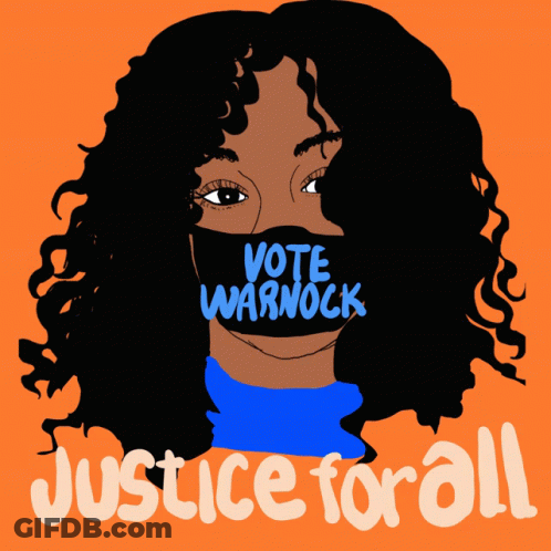 A Drawing Of A Woman Wearing A Black Mask That Says Vote Warnock On It GIF