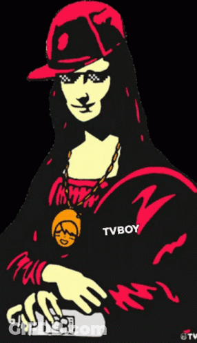 A Drawing Of A Woman Wearing A Purple Hat And Sunglasses With Tvboy Written On Her Sleeve GIF