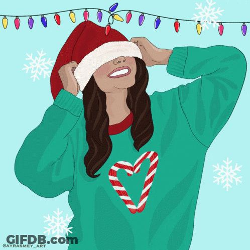 A Drawing Of A Woman Wearing A Santa Hat And A Candy Cane Heart GIF