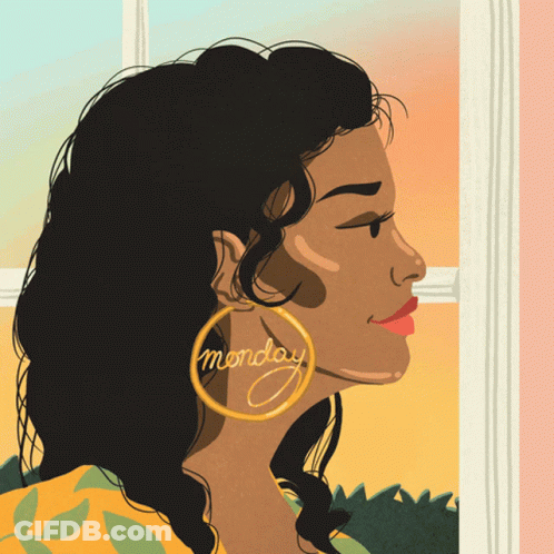 A Drawing Of A Woman Wearing Earrings That Say Monday GIF
