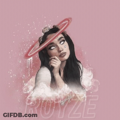 A Drawing Of A Woman With A Halo Around Her Head And The Name Royze GIF