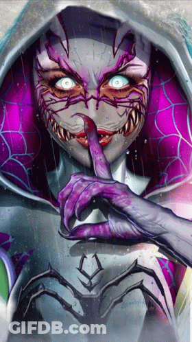 A Drawing Of A Woman With A Purple Face And A Spider Web On Her Head GIF