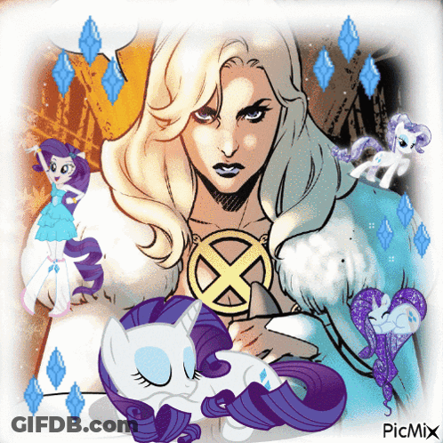 A Drawing Of A Woman With A X On Her Chest Is Surrounded By Ponies GIF
