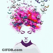 A Drawing Of A Woman With Birds Coming Out Of Her Hair . GIF