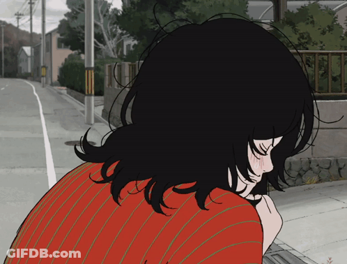 A Drawing Of A Woman With Black Hair And A Red Striped Shirt GIF