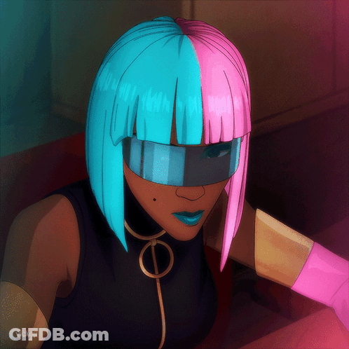 A Drawing Of A Woman With Blue And Pink Hair And The Name Vicky On The Bottom Right GIF