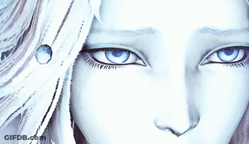 A Drawing Of A Woman With Blue Eyes And White Hair GIF
