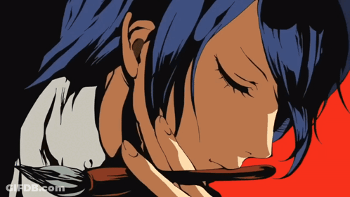 A Drawing Of A Woman With Blue Hair Holding A Brush In Her Mouth GIF