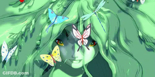 A Drawing Of A Woman With Butterflies And Dragonflies Around Her Face GIF
