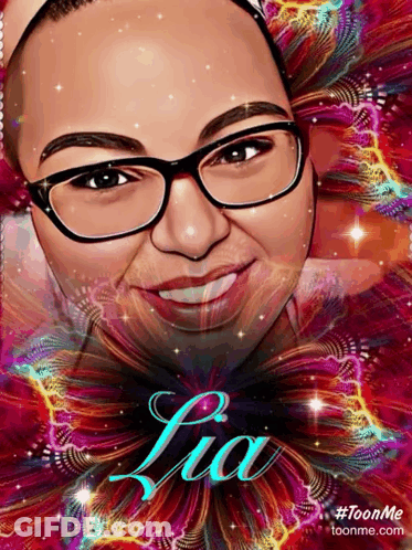 A Drawing Of A Woman With Glasses And The Name Lia GIF