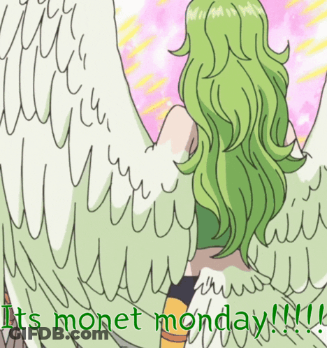 A Drawing Of A Woman With Green Hair And The Words " It 'S Monet Monday " GIF