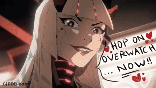 A Drawing Of A Woman With Horns And A Sign That Says Hop On Overwatch Now GIF