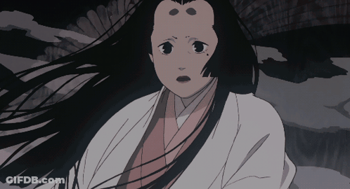A Drawing Of A Woman With Long Black Hair And A White Kimono GIF