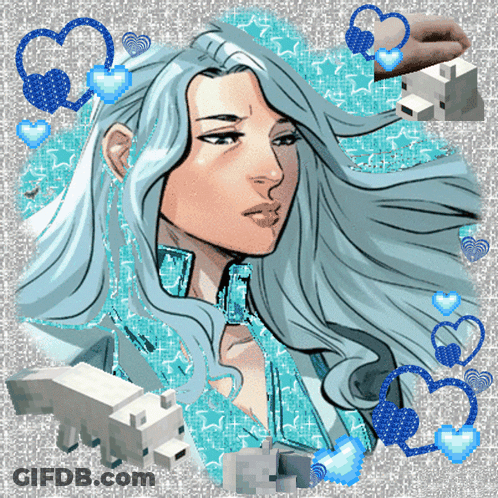 A Drawing Of A Woman With Long Blue Hair And Hearts Around Her GIF