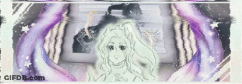 A Drawing Of A Woman With Long Hair Is Surrounded By Purple Swirls GIF