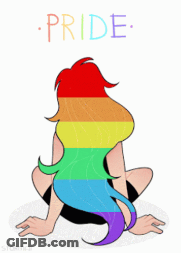 A Drawing Of A Woman With Rainbow Hair And The Word Pride Above Her GIF
